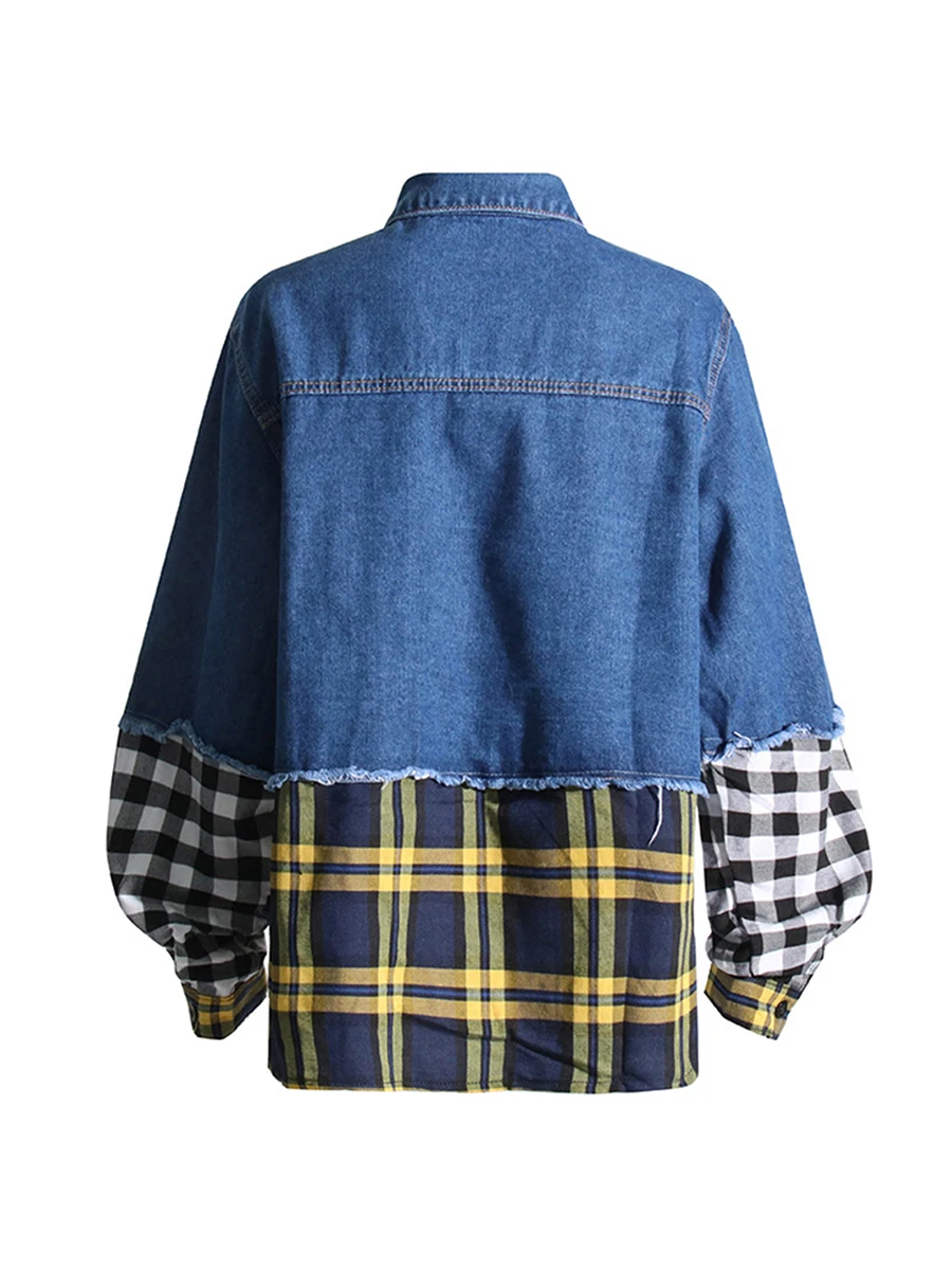 CHICEVER-Veste en jean à carreaux pour femme, blouson à manches longues, avec revers, style décontracté, à la mode