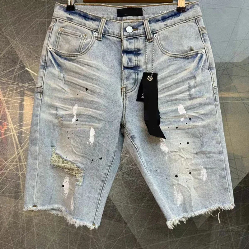 

2024 Purple New Vintage Ripped Hole Casual Jeans Shorts Couples Summer High Quality Stylish Pocket Street Shorts