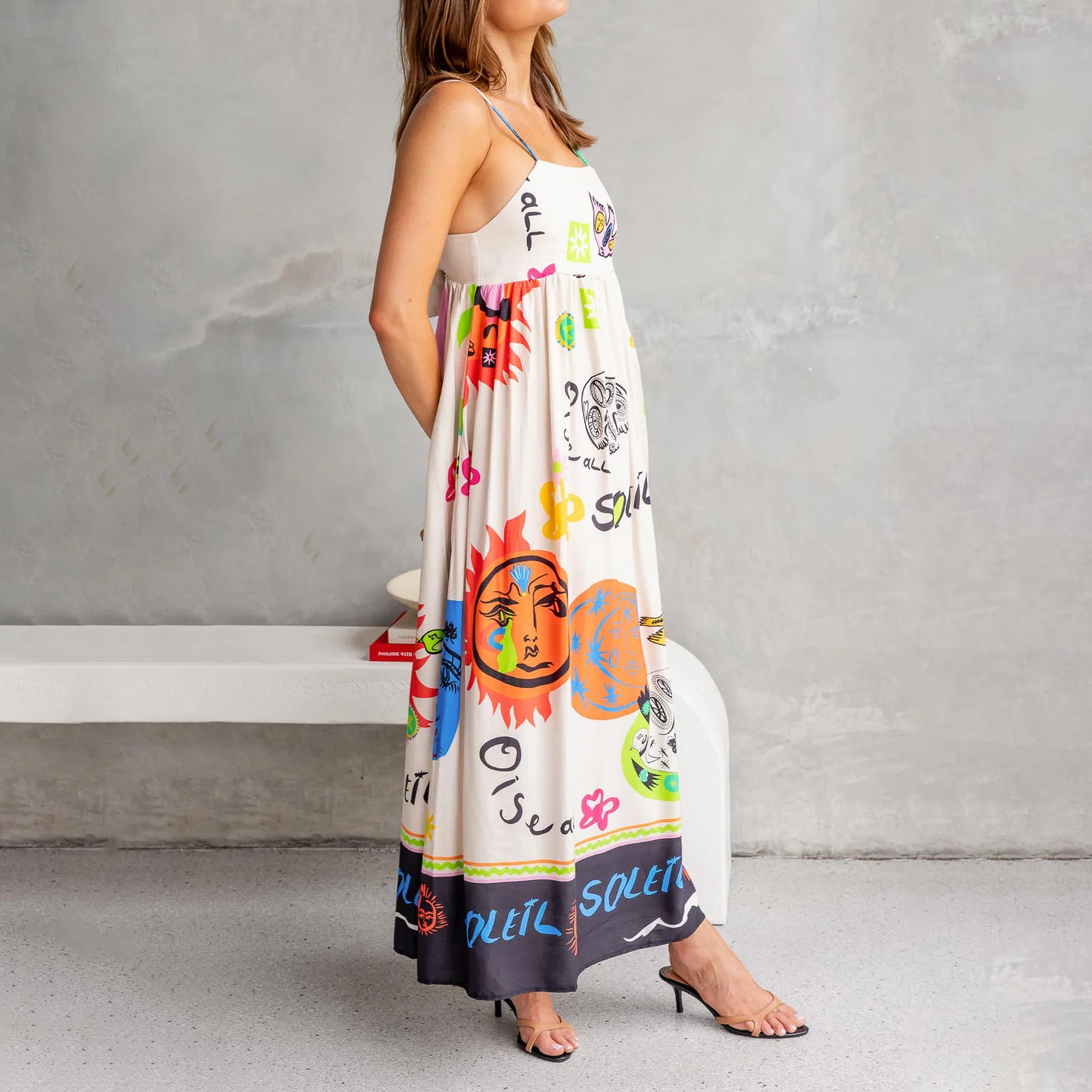 Women's Bohemian Sling Dress Summer Cartoon Print Sleeveless Tie Back A-Line Party Dress for Vacation Cocktail Beach Streetwear