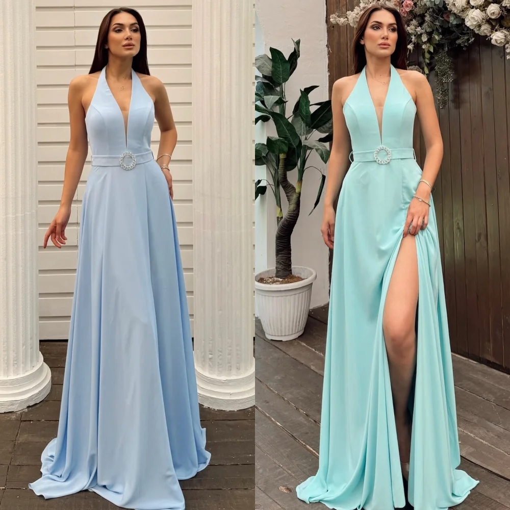 

Customized Modern Style Elegant Jersey Sash Rhinestone Straight Halter Long Dresses Bespoke Occasion Dresses Sizes Available