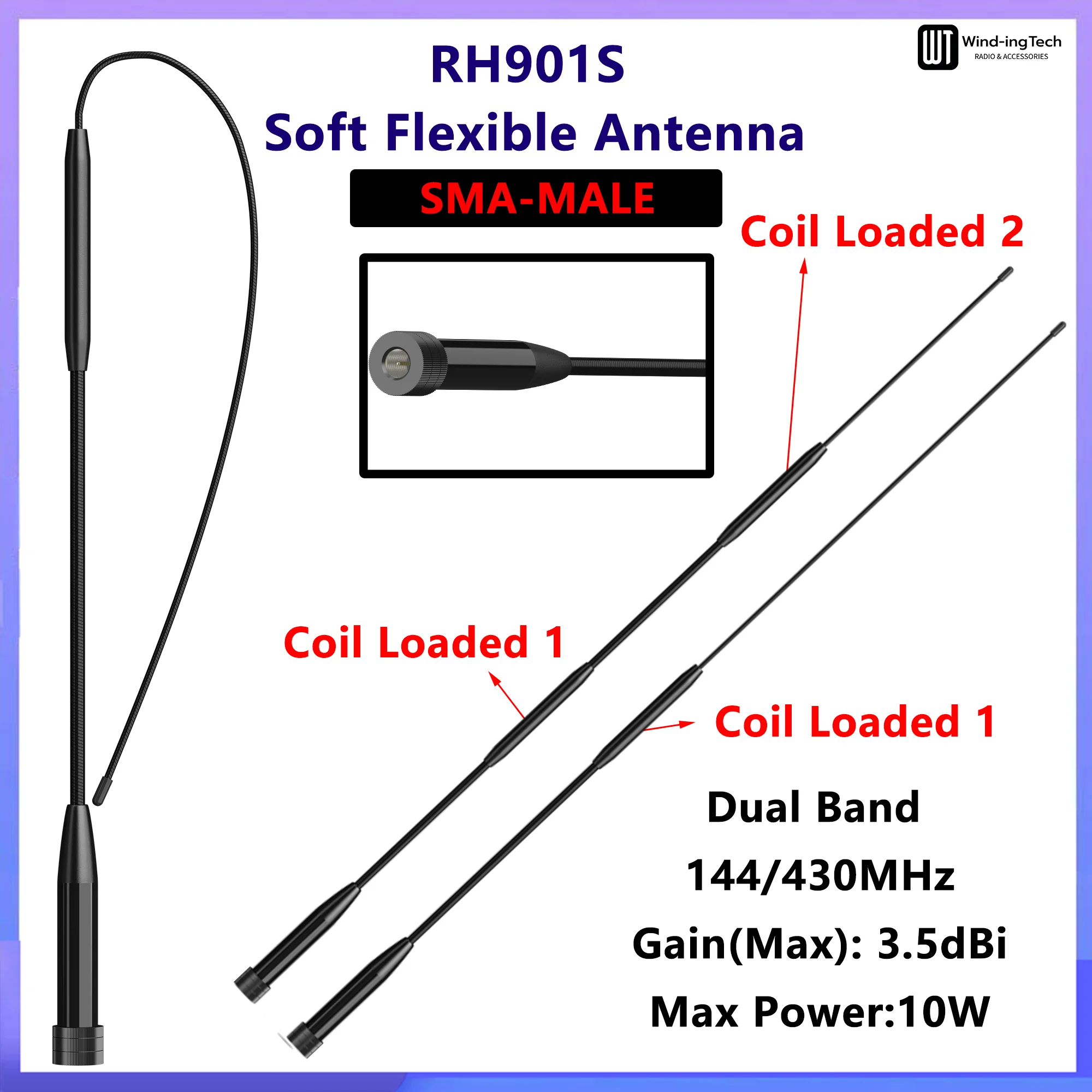 RH901S SMA-Male Soft Flexible Antenna Coill Loaded 144/430/900MHz Compatible with UV-200 UV3R MD-UV390 PX-333 Radios Accessories