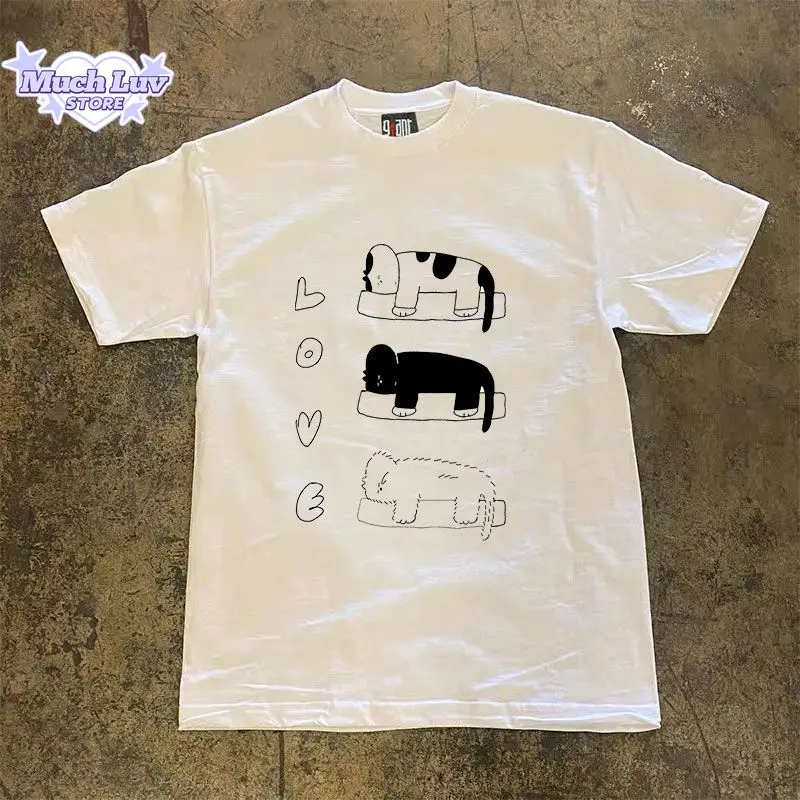 

100% Cotton T-shirt Sleeping Kitten Printed T-shirt for Man and Women Clothing Summer Fashion Casual Commute Short Sleeve Top