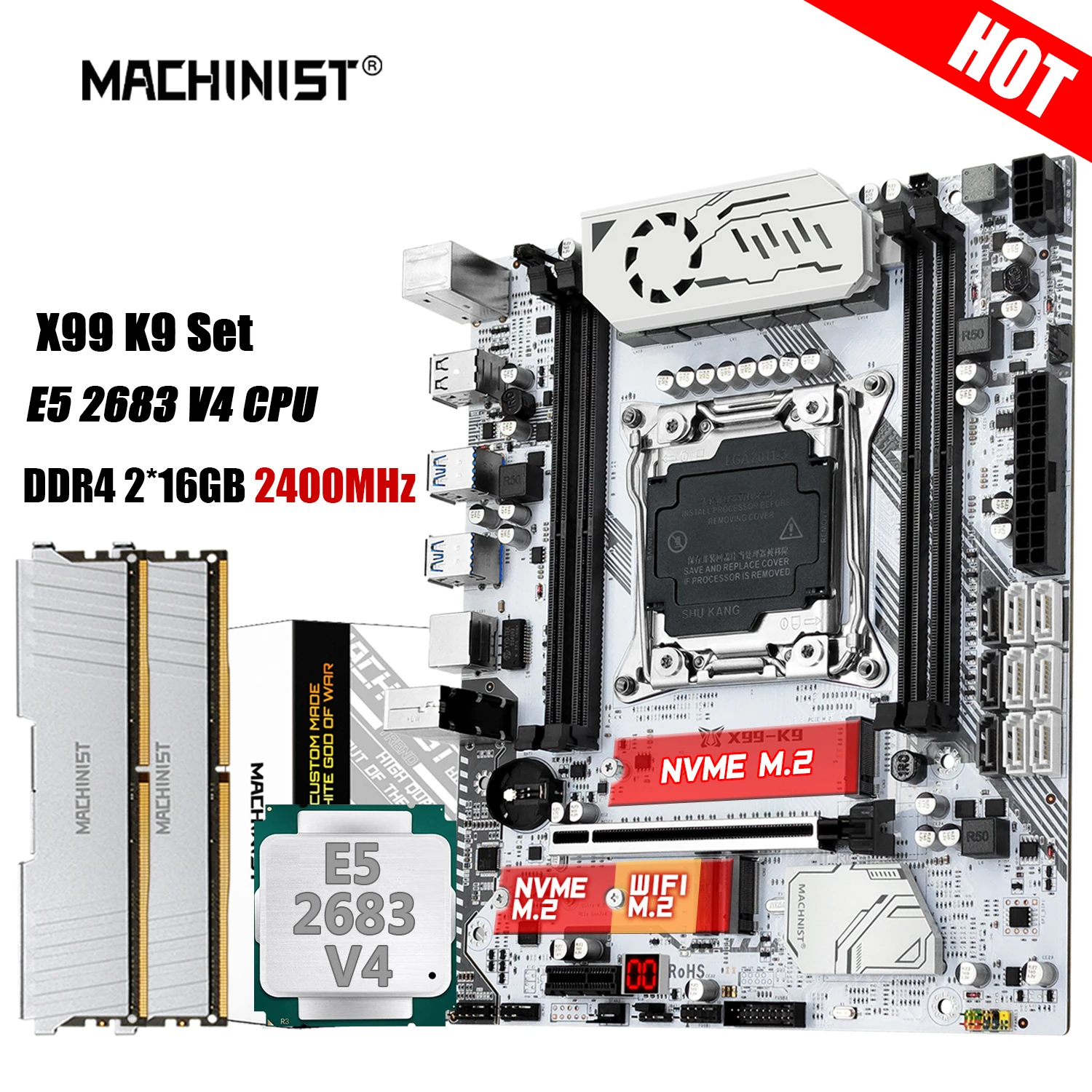 MACHINIST K9 X99 Motherboard Combo Set LGA2011-3 Xeon E5 2683 V4 Kit CPU DDR4 32GB RAM 2400MHz Memory NVME M.2 WIFI Four channel