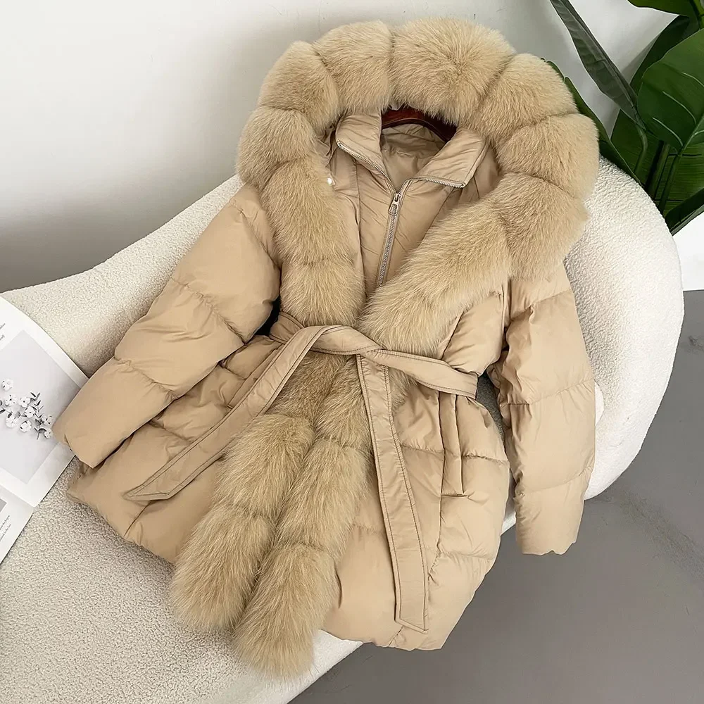 Luxuriöse Winter Frauen Mantel Echte Natürliche Fuchs Pelz Kragen Dicke Warme Jacke Casual Weiße Ente Unten Outwears Mid-länge streetwear