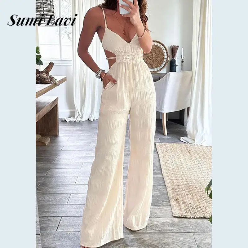 

Elegant Deep V-neck Sleeveless Sling Jumpsuits Women Fashion Texture Draped Solid Long Rompers Sexy Hollow Wide Legger Overalls