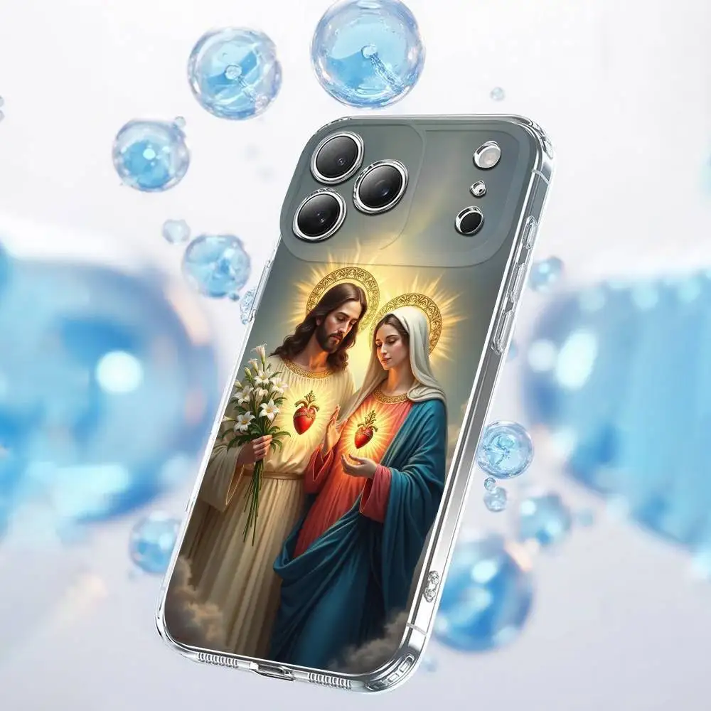 聖母マリアとイエス・キリストのスマホケース iPhone 17、16、15、14、13、12、11 Plus、Pro、Max、Plus、E、SE4、Air、Mini用 透明