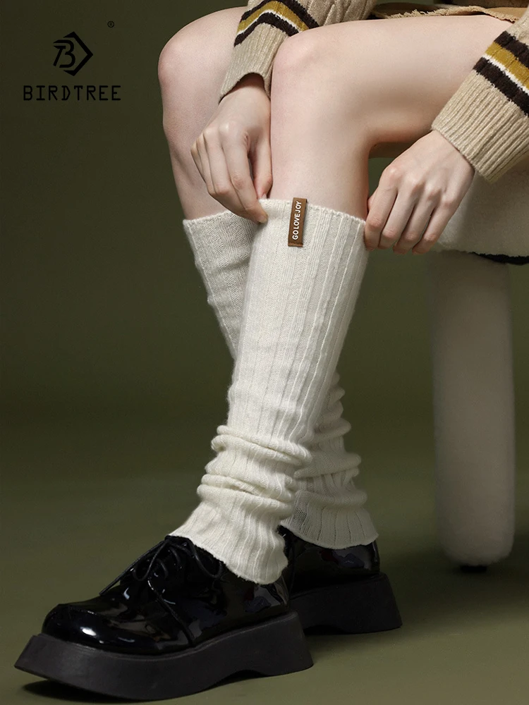 

Birdtree 50%Wool Autumn Winter New Socks Women's Knitted Mid Length Calf Socks Korean Casual Slimming Stacking Socks P3D237QC