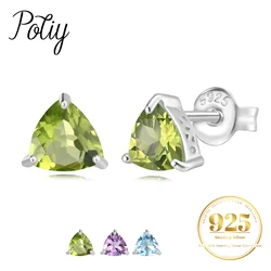 Potiy Natural Triangle 1.68ct Peridot Amethyst Sky Blue Topaz Stud Earrings 925 Sterling Silver Women Daily Jewelry Birthstone