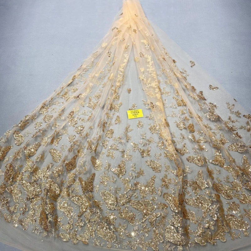 

5Yards Champagne Patterned Wedding Dress Fabric with Mesh Gold Spray Lace 150cm Wedding Party Spray gold Tull fabric