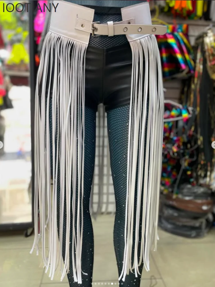 

CosplayMusic Festival Women Fashion Sexy White PU Leather Belt Tassel Decoration Short Skirt Halloween Party Stage Performance C