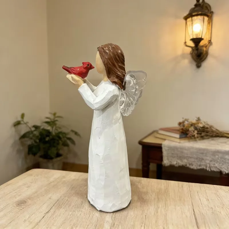 1pc Angel and Red Cardinal Resin Statue - Elegant Angel Figurine with Red Cardinal Bird, Suitable for / Religious Decor