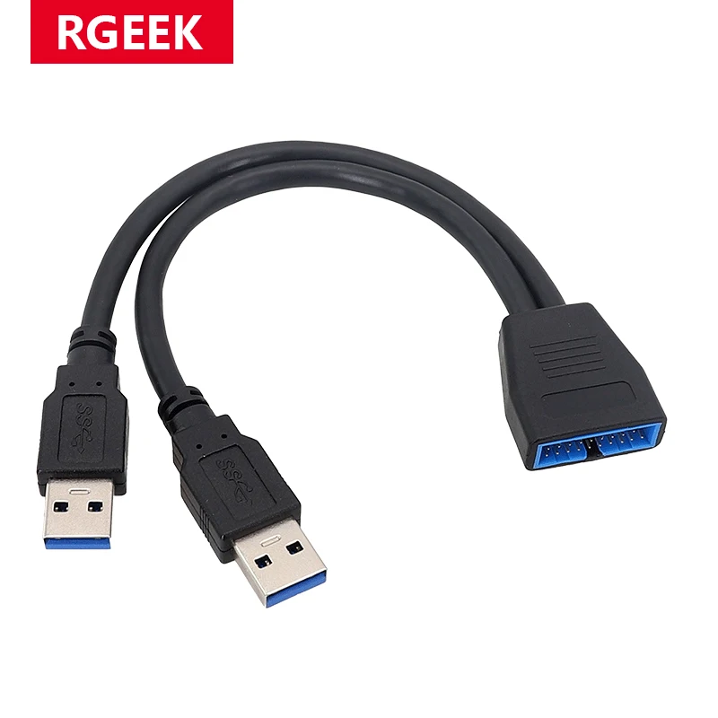 RGEEK 22cm Dual Port USB 3.0 Type A Male to Motherboard 20Pin 19Pin Header Adapter Cable USB Extension Cable For PC Computer