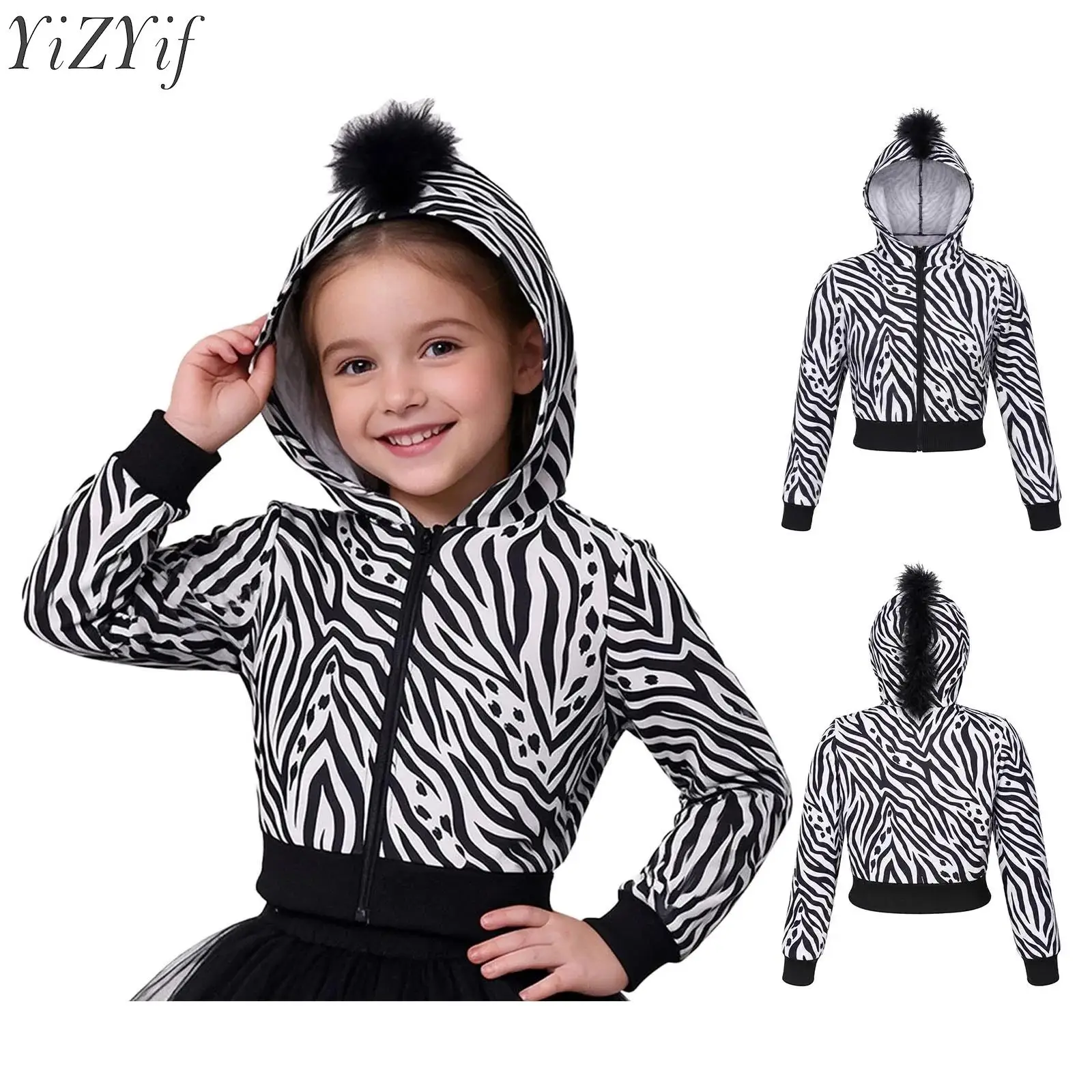 Kids Girls Zebra Print Hooded Jacket Long Sleeve Zipper Front Coat Outerwear for Daily Life Casual Wear School Activity Party