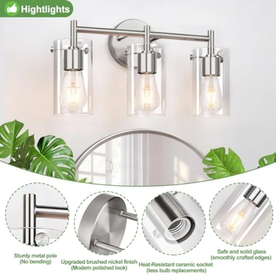 Bathroom Vanity Light Fixtures, Clear Glass Shade Wall Sconces for Mirror, Bedroom, Living Room, Hallway view 3