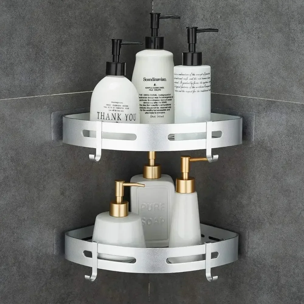 

Corner Caddy Bathroom Shower Shelf Wall Mounted No Drilling 2 Tier Storage Shelves Adhesive Triangle Baskets Silver Bathroom