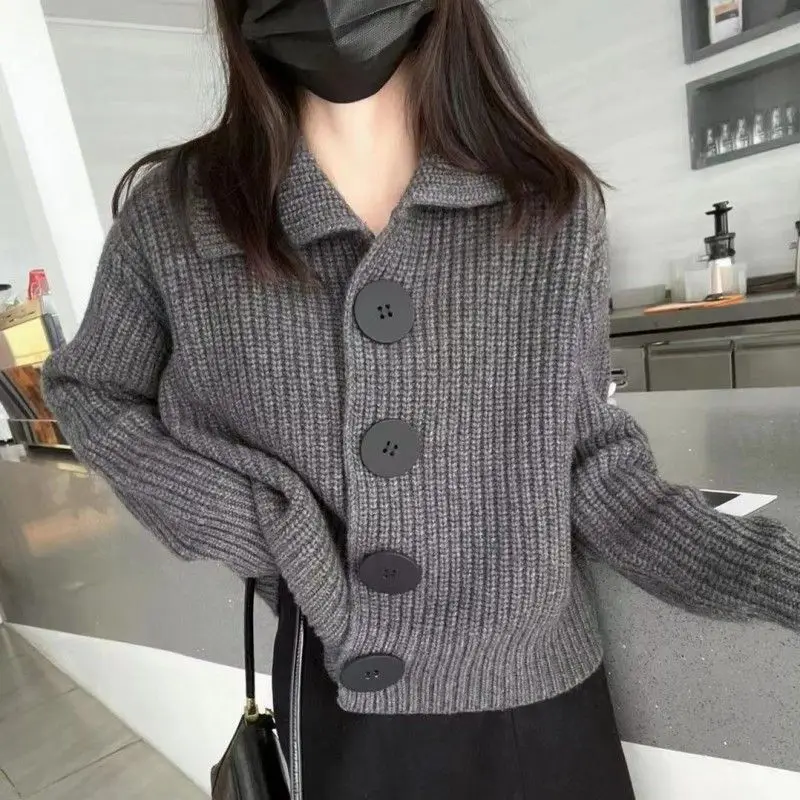 Kimutomo 2026 New Korean Style Knit Cardigan Women Loose Lapel Big Button Cropped Sweater Jacket Autumn Winter