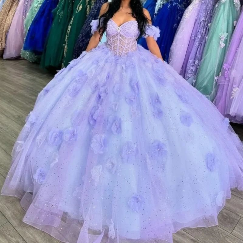 Elegancka liliowa księżniczka słodka 16 14 dziewczęca sukienka na quinceanera Off ramię zasznurować przyjęcie urodzinowe Vestido de 15 anos ballkleider