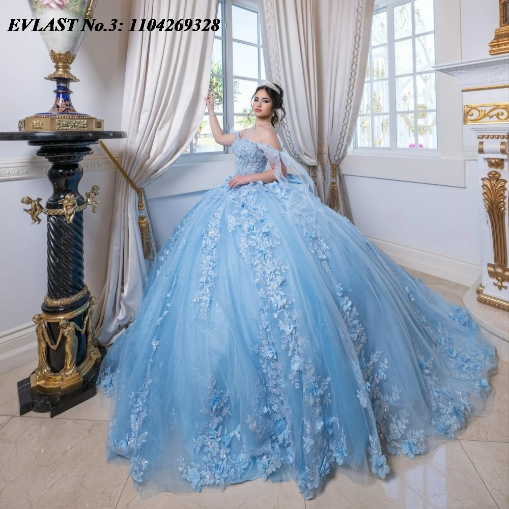 

EVLAST индивидуальное небесно-голубое платье Quinceanera, бальное платье с 3D цветочной аппликацией, корсет с бисером, Sweet 16, Vestidos De 15 Anos E3Q778
