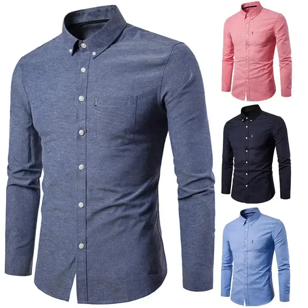 2024 Oxford Quick-Dry No Iron Shirts Men Solid Casual Slim Lapel Collar T-Shirts Long-Sleeve Formal Business Shirts Mens Tops