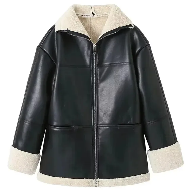 New 2023 Women Fashion Winter Coats Plus Veet Trend Lapel Fur Integrated Jacket Woman Pockets Vintage Outerwear Female Coat