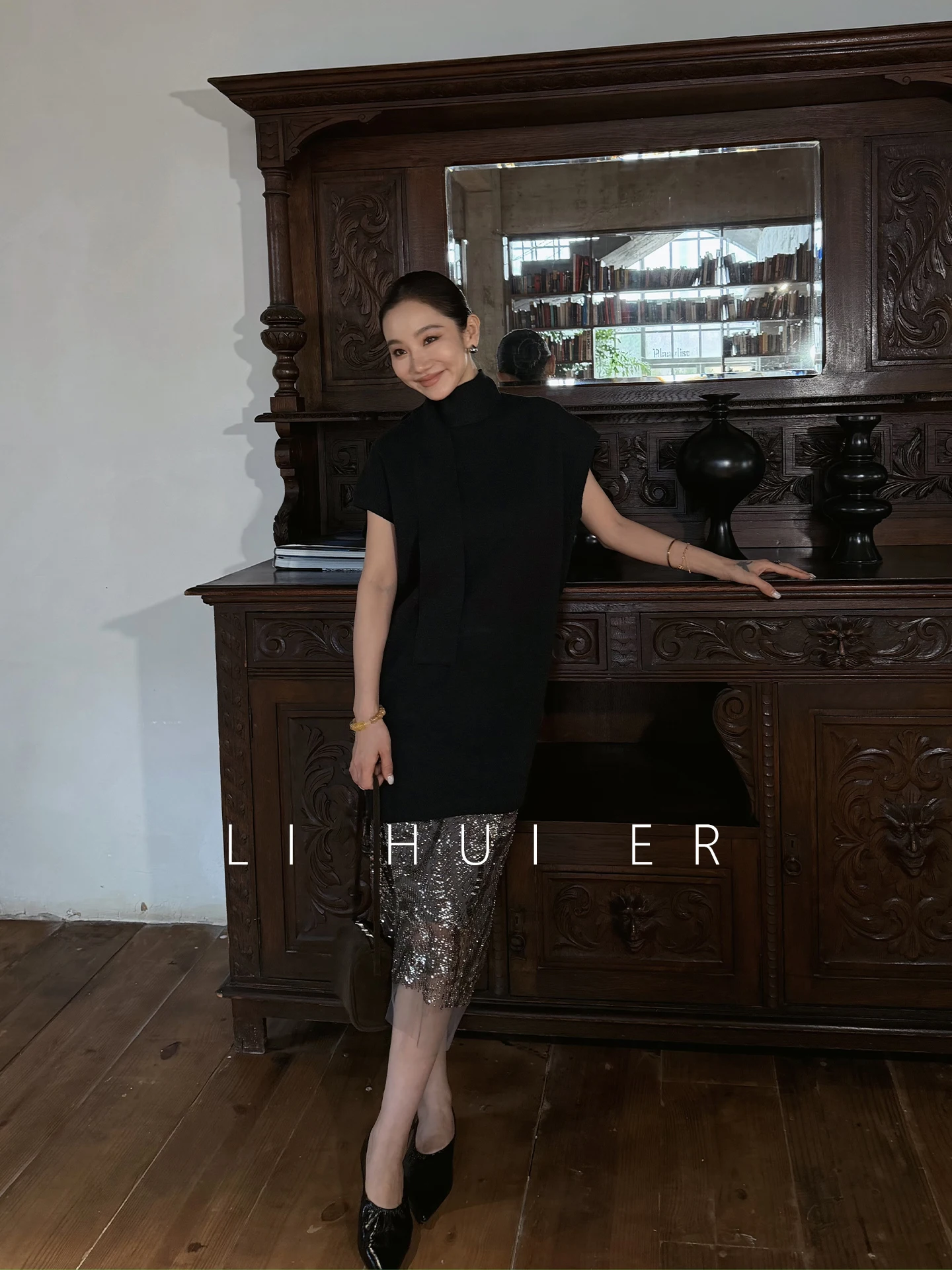 LiHuiEr mat Design Knitted Sweater Women's Svel Top Bla Vinyl Record Design Casual Loose Fit Wool Blend