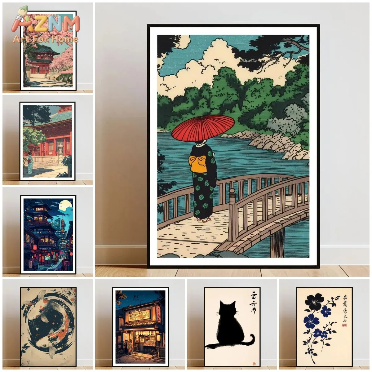 

AZNM Japanese Ukiyo-e Geisha on Bridge Frameless Canvas Print Traditional Japan Landscape Wall Art - Cherry Blossom Temple, Koi