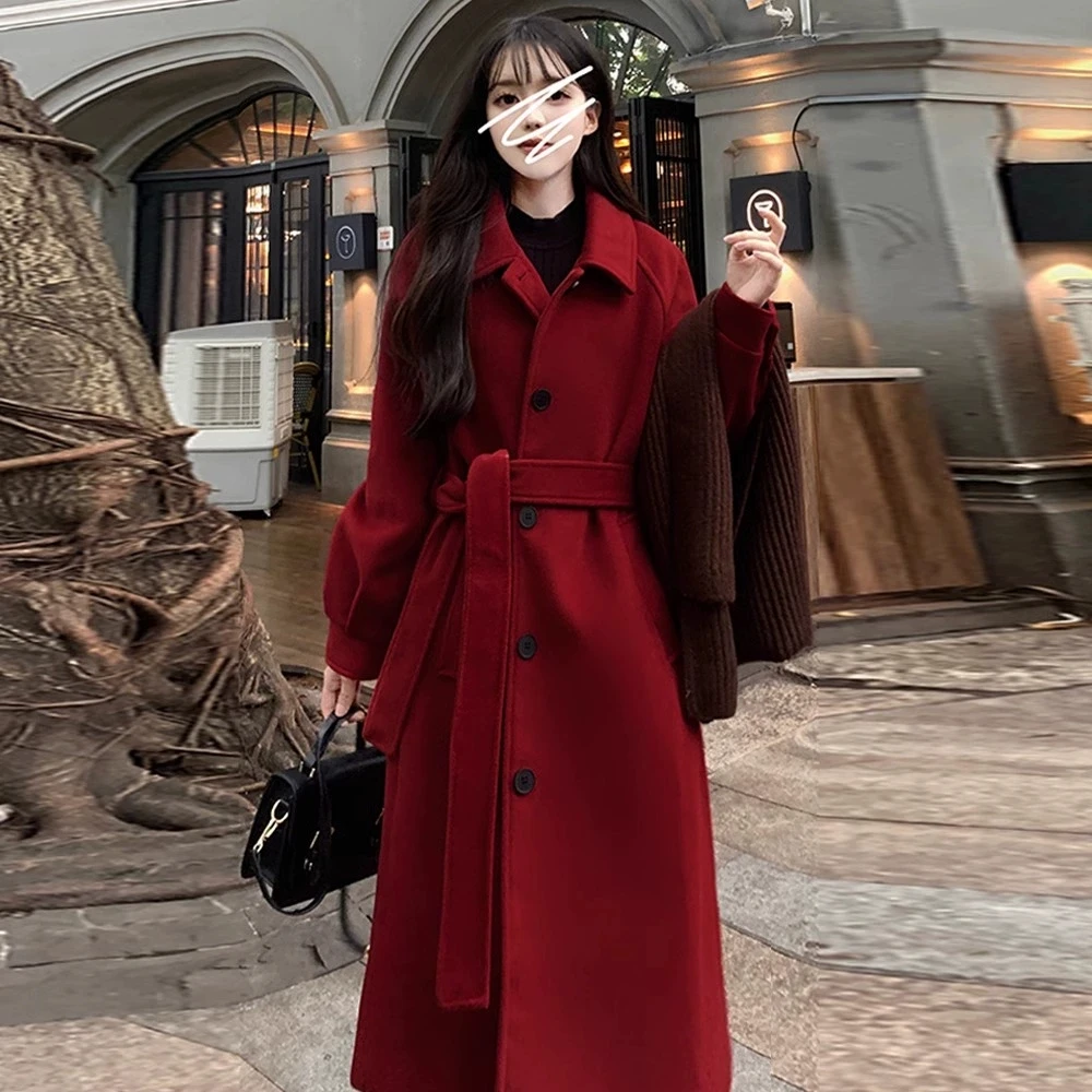 Women's New Korean Loose Woolen Coat Retro Mid-length Jackets Y2K Single-row Buckle Female Chic Wool Outwear Autumn Winter 2025