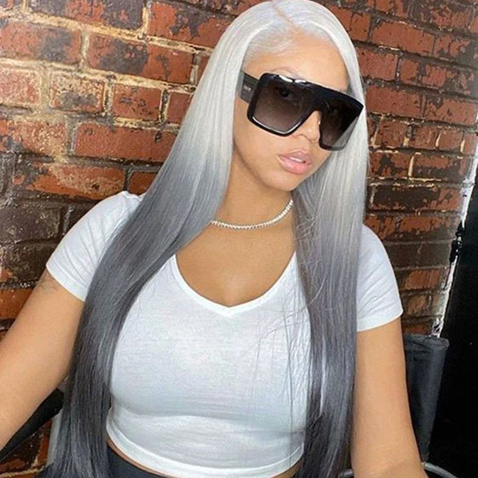 

100% Human Hair 180% Density 13X4 Transparent Lace Frontal Wig 60 Grey Straight Brazilian Glueless Pre Plucked Colored Wigs