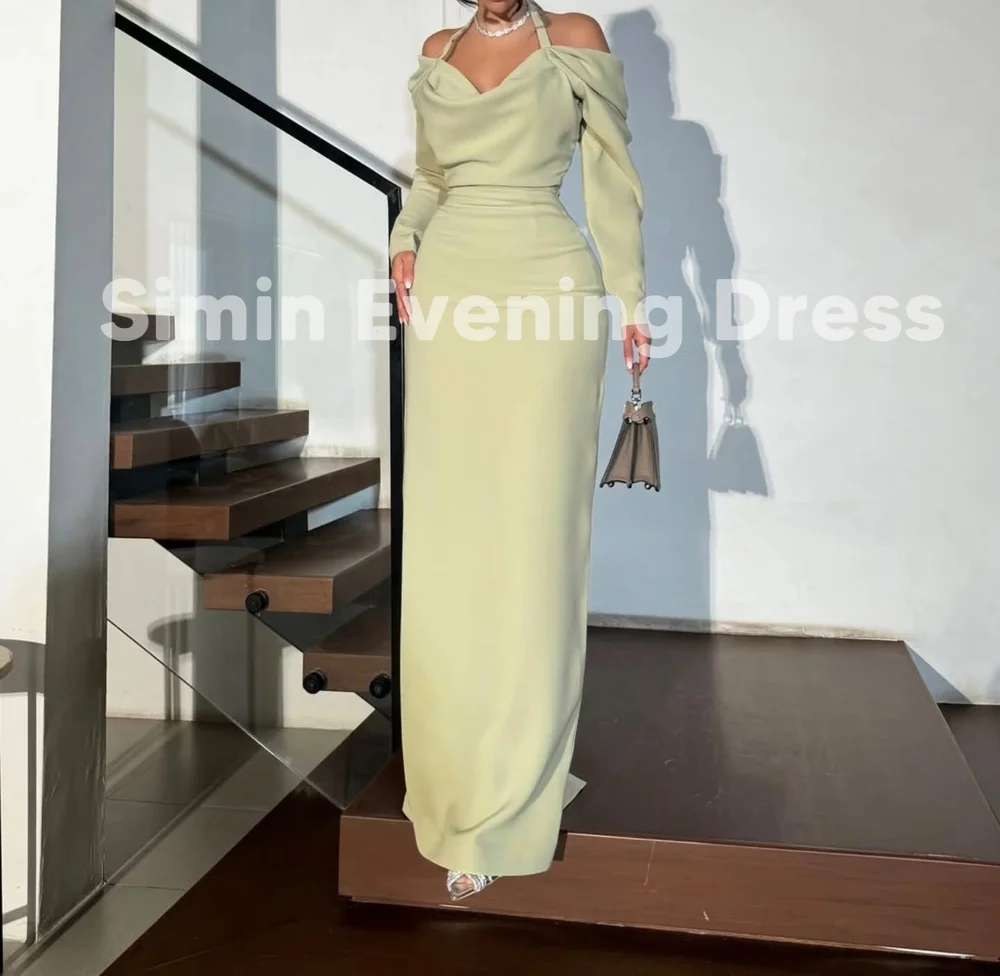 심인 홀터 카울넥 엠파이어 시스 플로어 기장 러플 사우디 이브닝 드레스 롱 슬리브 파티 드레스 여성용 2025