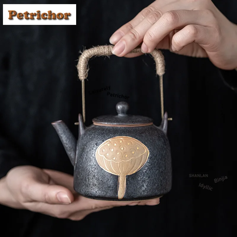 

300ml Gilt Lotus Pod Lifting Handle Teapot Japanese Tea Infuser Pot Tea Soaking Kettle With Filter Teaset Accessories Craft Gift