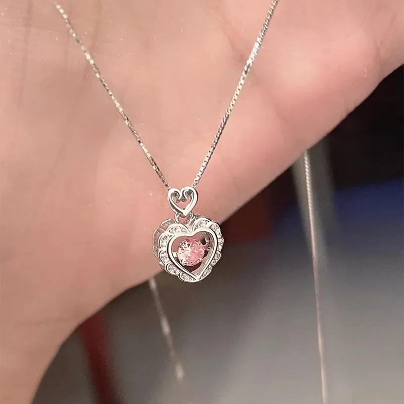 Y2k Pink Crystal Pendant Heart Necklace for Women Girls Chain Cute Love Simple  Aesthetic Necklaces Fashion Korean Jewelry Gifts