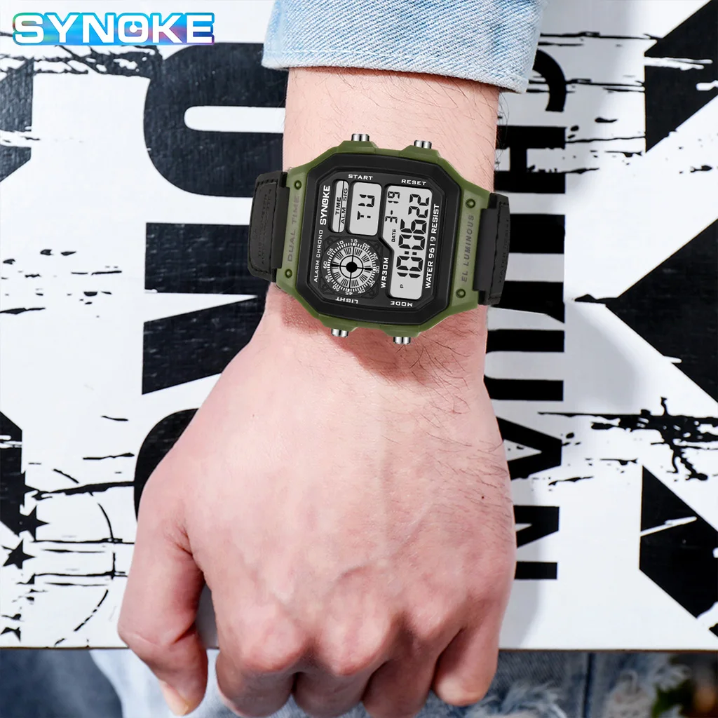 SYNOKE Nylon Canvas Strap Retro Digital Watch Luminous And Waterproof Sports Men Square Classic Student Outdoors Military Watch