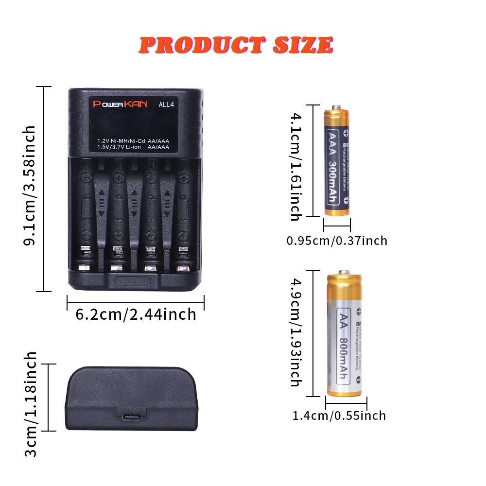 Powerkan ALL4 Charger+Battery Set 1.2V NiMH 4pcs AA300mAh AAA800mAh Rechargeable Batteries Plus LED Display Charging Compo Set