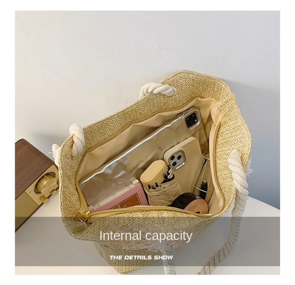 Neue Sommer-Strandtasche mit Großer Kapazität, Raffia Boho Schultertasche, Henkeltasche für Damen – Detail 7