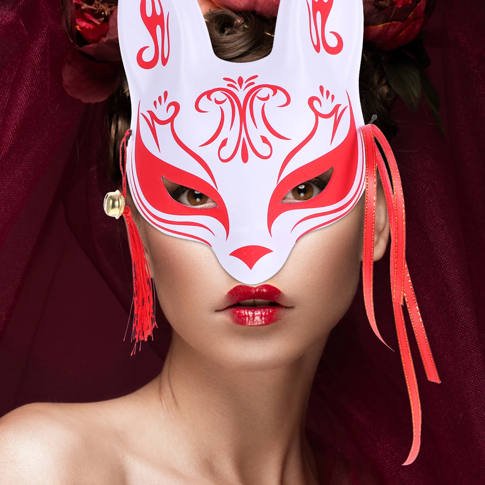 

Masquerade Fox Mask Cosplay Party Half Facial Mask Durable Plastic Intricate Floral Patterns Lifelike Ears Unique Design