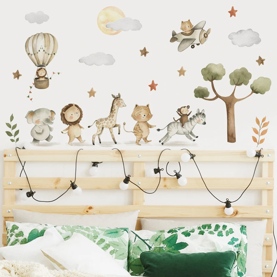 Watercolor Cartoon Cute Animals Wall Stickers Elephant Giraffe Tiger Tree Kids Room Wall Decals Decorative Sticker for Wall