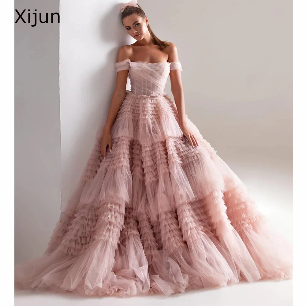 Xijun Dust Pink Long Prom Dresses Tiered Tulle Ruffles Evening Dresses A-Line Princess Ball Gown Elegant Graduation Party Dress