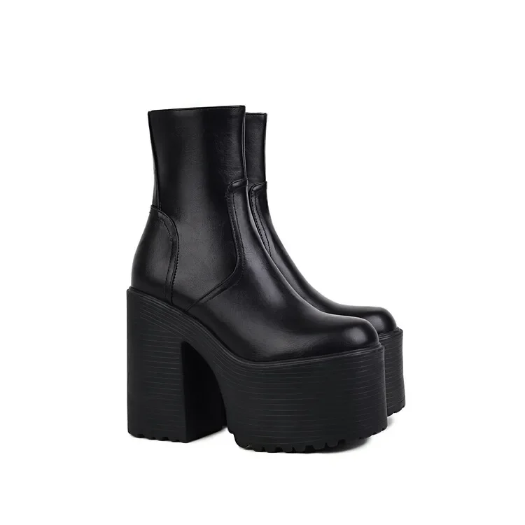 Big size Oversize Large size Round toe Thick Heel platform boots Height Increasing womens fashion boots Women shoes leather