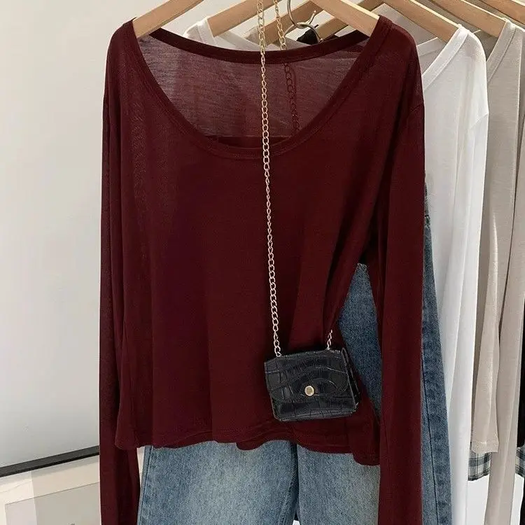 Lacele Semi-skinny Women's T-shirt Summer Moisture-wicking Long Sleeve round Neck Regular Fit Pure Color Inner Wear Top