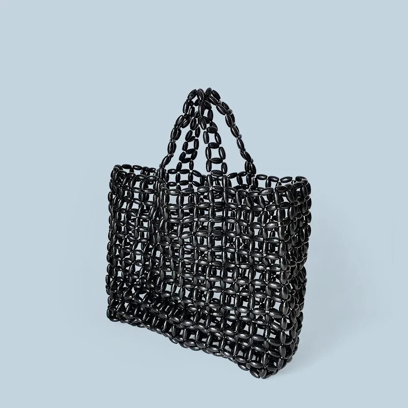 Summer Women\'s Handwoven Totes Beach Holiday Hollowed-Out Wooden Beaded Bag Fashion Fan Shape Clutch Female Purse And Handbags