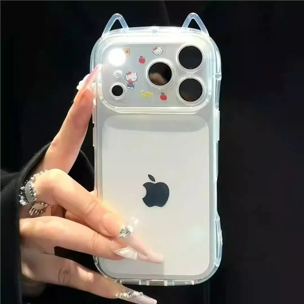 Capa Transparente com Orelhas de Gato Fofas para iPhone 17 12 13 14 15 16 E Pro Max 11 7 Xr X Xs Max, Capa Protetora Antichoque