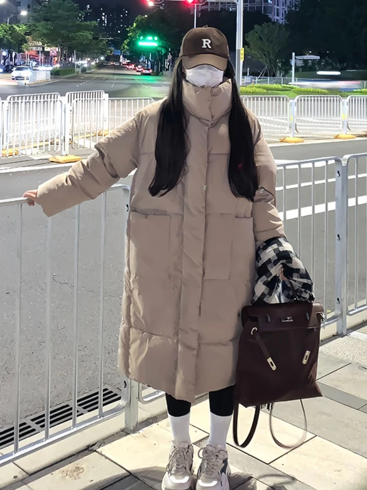 เสื้อโค้ทผู้หญิงสไตล์เกาหลี ผ้าฝ้าย แจ็คเก็ตฤดูหนาว ทรงยาว สไตล์ลำลอง ทรงขนมปัง เสื้อคลุมยาวคลุมเข่า ทรงหลวม สวมใส่สบาย