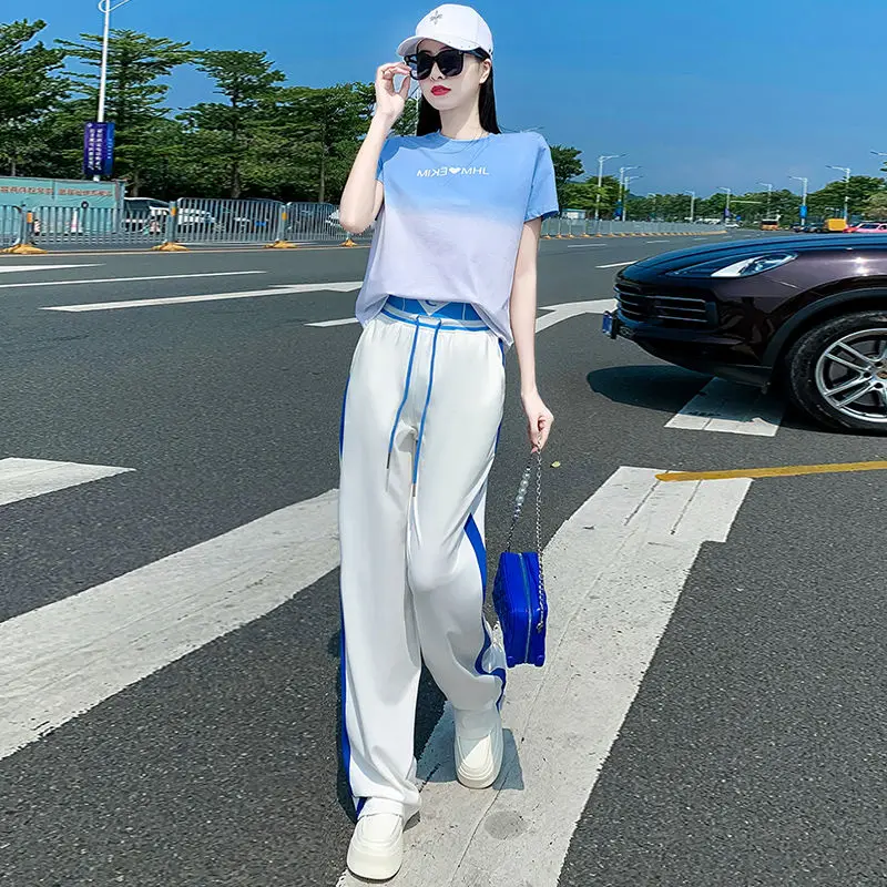 Summer high-end fashion color blocked short sleeved T-shirt+high waist wide leg pants two-piece set for women