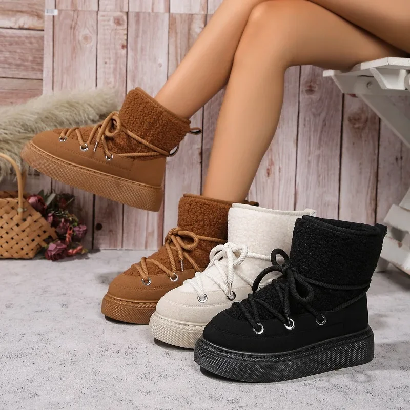 Women\'s Shoes 2024 Hot Sale Lace Up Women\'s Boots Winter Round Toe Plush Fleece for Warmth Solid Middle Tube Platform Snow Boots