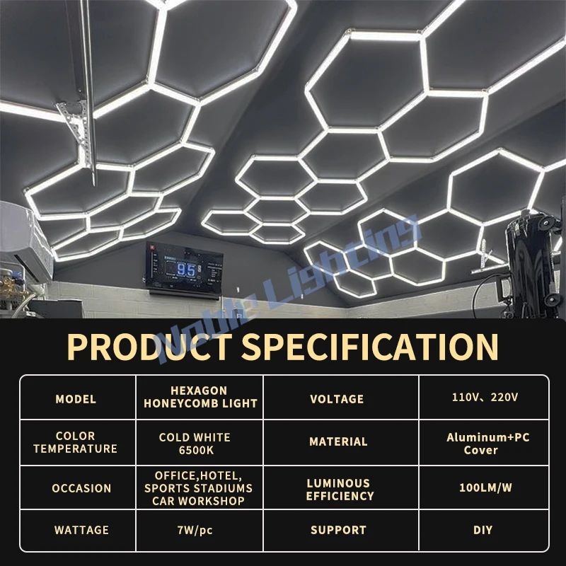 Gym Barbershop Hair Salon Ceiling Light Hexagon Garage Led Light Honeycomb Led  Lighting 110V/220V For Auto Car lagre speace image 2