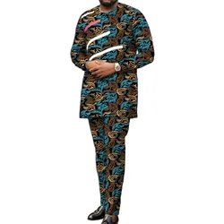 Long Sleeves African Clothes Men Set Nigerian Style Colorful Stripe Patchwork Tops With Pant Groom Suit Male Traditional Outfit
