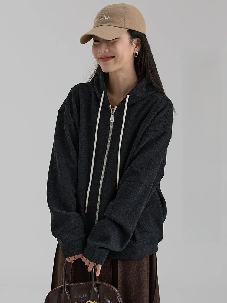 

Dwind Women's Fce Lined Hoodie Casual Open Cardigan Long Sve Pure Color Loose Fit Autumn Winter New Arrival