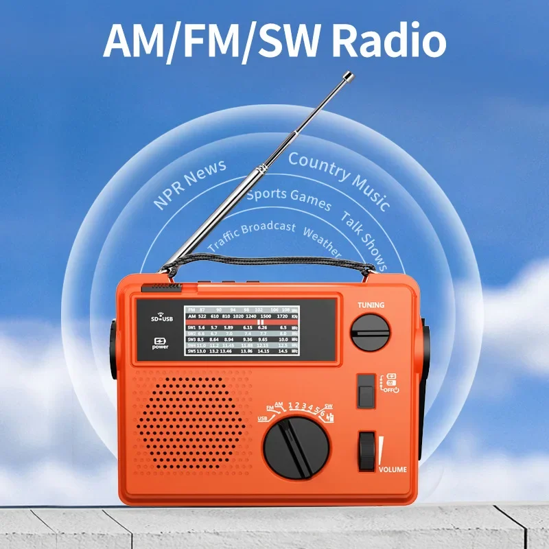 Portable Manual Crank Charging Radio AM/FM/SW Multi-band Radio, U Disk TF Card Player, Outdoor LED Flashlight