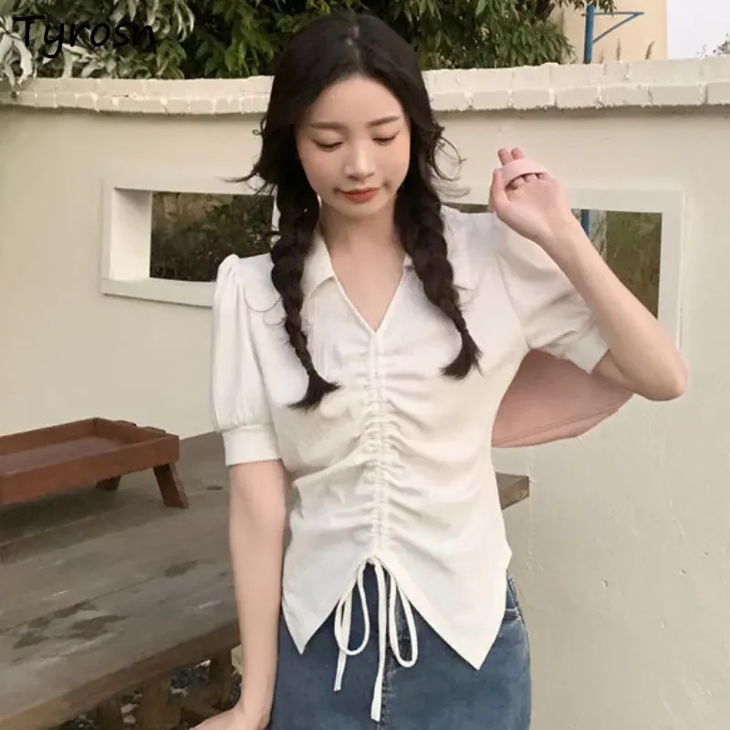 

Women Blouse Simple Design Elegant Shirring Fashion Solid Summer Korean Style Turn-down Collar Ladies Puff Sleeve Retro Leisure