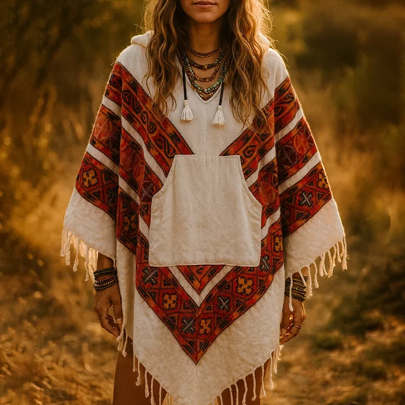 

Новинка 2026 года: Мужской плащ-накидка с длинными кистями, пашмина, куртка с капюшоном, в этническом стиле, для путешествий, с воротником-хомутом, вязаный шарф-накидка